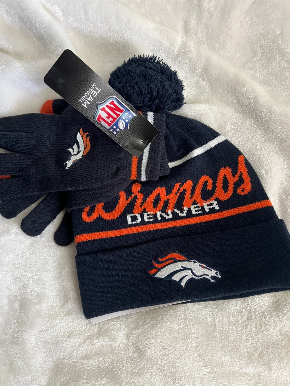 NFL Denver Broncos Navy and Orange Knit Pom Beanie with Matching Gloves set